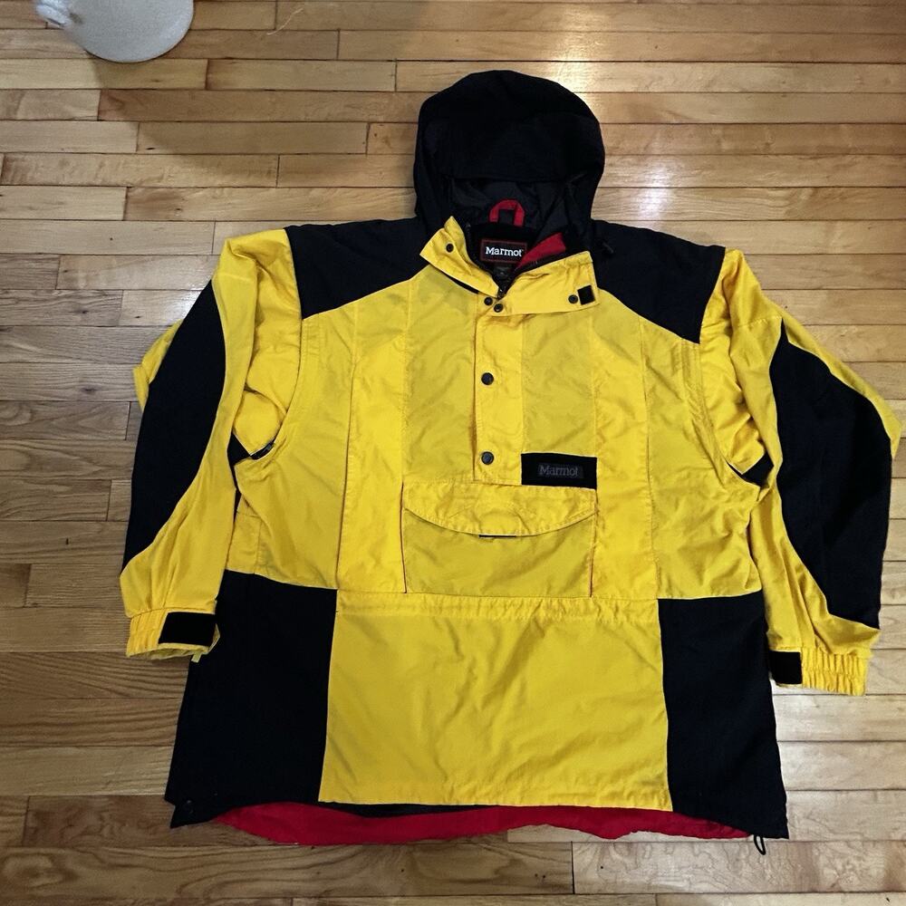 Vintage 90s Marmot MemBrain Anorak Jacket Men XL Yellow Black Pullover Hooded
